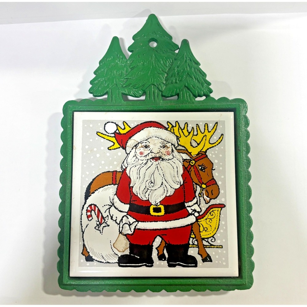 Vintage CHERRY Japan Cast Iron Santa Reindeer Ceramic Tile Christmas Trivet